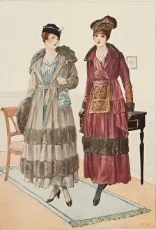 Drucke von Zwei Damen modellieren die neuesten Winterfashion aus Paris, mit Kleidern in Kombination mit gefütterten Pelzjacken und fröhlichen Hutstücken. Datum: 1916 Mode Drucke: Winterschmucke