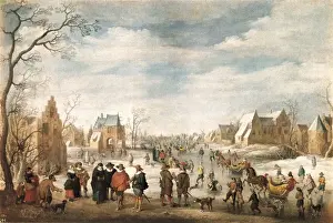 Spanish Baroque Painting Drucke: Winter landscape with Skaters