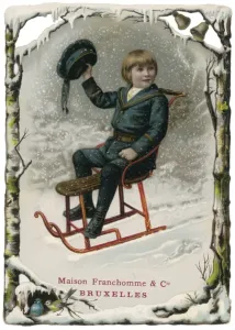 Winter-Szene Drucke: Junge auf Schleuder 1880