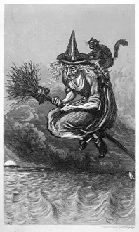 Witch On Broomstick Drucke: Witch & Cat & Broomstick