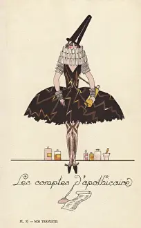 Vintage Fancy Dress Costumes Drucke: Woman in fancy dress costume as an apothecarys recipe