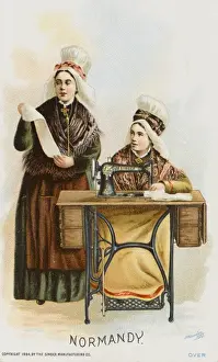 Singer Sewing Machine History Drucke: Two Women from Normandy using a Singer Sewing Machine