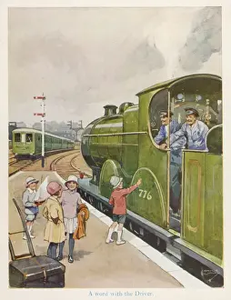 Vintage Train Station Scene Drucke: A Word with the Driver