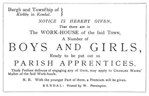 Drucke von Ein Kopie eines Plakats aus den frühen 1820er Jahren bewirbt die Verfügbarkeit von Jungen und Mädchen im Workhouse in Kirkby, Kendall für das Aussetzen als Pflegekinder Westmorland Drucke: Waisenhausgeselle Handbüchlein aus Kendal im Westmoreland