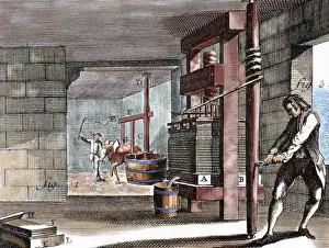 Colored Engraving History Drucke: Workshop dedicated to handcrafting the paperboard. Pulping a
