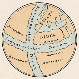Drucke von Ein Weltatlas nach Krate von Mallißen mit Europa, Libyen und den Antipoden sowie verschiedenen Meeren Datum ca. 168 v. Chr Karte Drucke: Weltkarte / Kräfte von Mallos