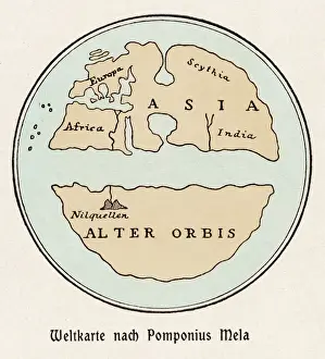 Drucke von Ein Weltkartenbild nach Pomponius Mela mit Europa und Afrika oben und dem Rest unten Verwandte Bilder Drucke: Weltkarte / Pomponius Mela