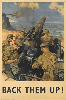Drucke von Rückwärts einstecken. Plakatafischematerial mit Farbdruck nach Terence Cuneo von HMSO geöffentlicht, zeigt eine Küstenartillerie-Batterie im Einsatz. Datum: 1940 Cuneo Drucke: WW 2-Plakate - Hinter ihnen auf!