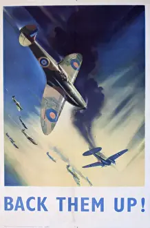 Drucke von Plakate von WW2 von Frank Wootton, Back Them Up!, zeigt die Royal Air Force Supermarine Spitfire im Einsatz. Datum: 1940er Jahre Frank Wootton Drucke: Back sie im Zweiten Weltkrieg