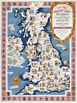 Drucke von Ein Kartenplan der britischen Armee mit Kampfhonourn und Militärleistungen sowie Regimentalabzeichen; erstmals im Jahr 1944 von HM Forces Savings Committee veröffentlicht Verwandte Bilder Drucke: Kriegsposter WW II - Karte der britischen Armee