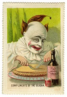 Viktorianisch Drucke: Weihnachtskarte zum Narren mit seiner Torte und Bier