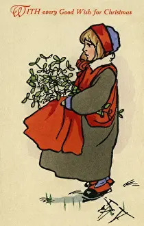 Early 20th Century Christmas Art Drucke: Young boy with mistletoe
