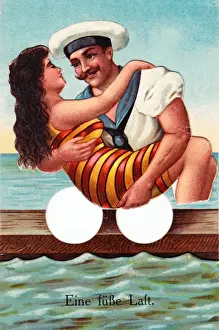 Woman In Swimsuit Drucke: Young woman and sailor on a German postcard