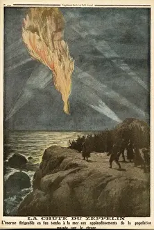 WWI Aerial Combat Drucke: Zep Downed on Brit Coast