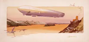 Air Transport Technology Drucke: Zeppelin hovering over a river