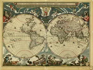 Drucke von Die Weltkarte wurde um das Jahr 1664 von dem niederländischen Kartografen Joan Blaeu im Amsterdam der Niederlande veröffentlicht Erster Weltkrieg Drucke: Sechzehnter Jahrhundert Weltkarte