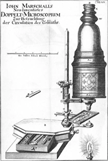 Drucke von Der Mikroskop aus dem 18.Jh., Historisches Kunstwerk eines Compound-Mikroskops von John Marshall, der Engländer. Es hat mehrere wesentliche Designverbesserungen die Ende des 17.Jh. erfunden wurden Bilder Datiert 2003 Februar: Mikroskop des 18ten Jahrhunderts