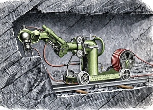 Drucke von 19.Jahrhundert-Maschine zur Bergbauindustrie. Kunstwerk der im Jahr 1868 von L.Simonin gezeichneten Rockbohrmaschine, die von G.Low erfunden und patentiert wurde und in England vom E.R Bilder Datiert 2006 Mai: Bergbaumaschine des 19.Jh