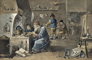 Flemish Artist Prints Drucke: Alchemist at work, 18th century