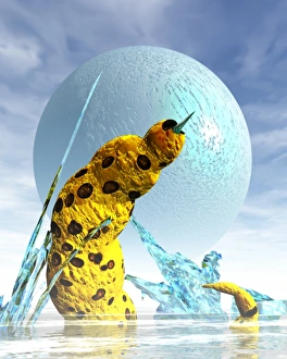 Drucke von Ein Alien-Parasit. Computerbild eines Parasiten auf einer alienen Mondkugel Bilder Datiert 2004 August: Unerwünschtes Außerirdisches Parasiten