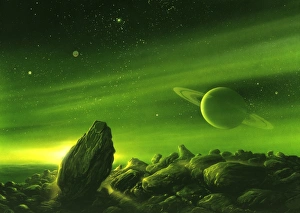 Drucke von Ein Ringplanet aus einem anderen Mond gesehen, Computerzeichnung. Dieser Planet ist im Größen- und Erscheinungsbild der Saturn ähnlich. Andere Monde sind am oberen linken Himmel zu sehen Bilder Datiert 2009 Mai: Extraterrestisches Ringplanet, Kunstwerk