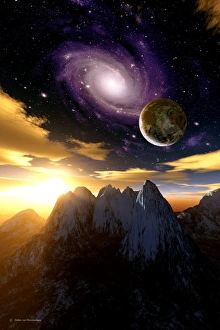 Extrasolar Planet Drucke: Alien sky at sunset, computer artwork