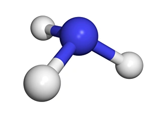 Drucke von Ammoniak. Computermodell eines Moleküls von Ammoniak (NH3). Atome werden als Kugeln dargestellt und sind farblich gekennzeichnet: Stickstoff (blau) und Wasserstoff (weiß) Bilder Datiert 2006 Juni: Ammoniakmolekül