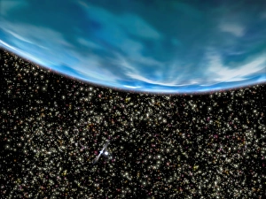 Drucke von Ein altes Planetenkörper. Kunstwerk eines 13 Milliardenjahrigen Gasgiant-Planeten mit reichem Hintergrund von Sternen in seinem Heimatsternhaufen M4 Globularstarcluster Bilder Datiert 2003 September: Alter Planet im Globularkern M4