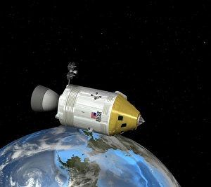 Manned Spaceflight History Drucke: Apollo spacecraft orbiting Earth, artwork