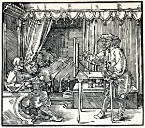 Drucke von Der Künstler nutzt ein Sehschwenker, um einen sitzenden Mann auf einem Glaspann zu zeichnen. Diese Holzschnitt wurde von dem deutschen Künstler Albrecht Dürer (1471-1528) erstellt Bilder Datiert 2006 Februar: Künstler mit einem Sehschwenker