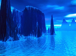 Alien Planet Artwork Drucke: Artwork of alien landscape with cliffs and sea