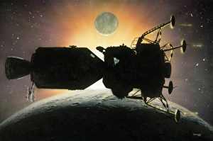 Manned Spaceflight Drucke: Artwork of Apollo spacecraft over Moon