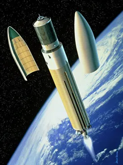 ISS-Raumstation Drucke: Bild eines Ariane-5-Raketen, die ein Lastenfahrzeug absetzt