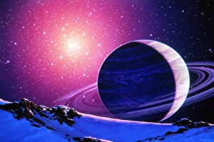 Drucke von Brauner Zwerg. Kunstwerk eines planetenähnlichen braunen Zwergsterns am Rande eines Kugelhaufens von Sternen, gesehen von einem nahegelegenen Mond Bilder Datiert 2003 Februar: Bild eines braunen Zwergsterns