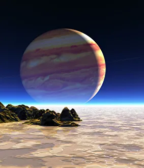 Bild der Oberfläche Europas mit Jupiter im Himmel
