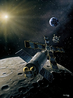 Spacecraft Landing On Moon Drucke: Artwork of lunar lander docking with space station