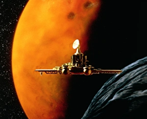 Soviet Space Exploration Drucke: Artwork of Phobos spacecraft nearing Phobos