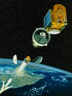 European Space Agency ESA Drucke: Artwork of satellite launch sequence of Ariane 5