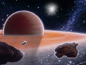 Cosmology Science Images Drucke: Artwork of shepherd moons in Saturns ring plane
