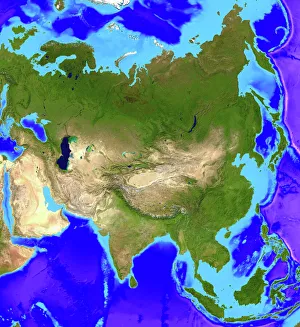 Drucke von Asien: Computerart aus einer Satellitenbildung von Asien; Norden am oberen Rand, Wasser blau, Vegetation grün und Wüste gelb Bilder Datiert 2006 August: Asia