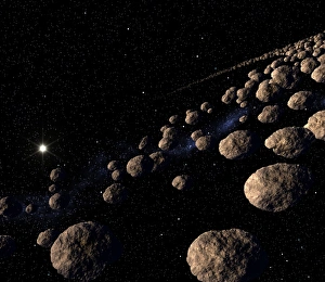Drucke von Der Asteroidengürtel, Computerzeichnung. Steine sind große Felsbrocken die übrig geblieben sind von der Bildung des Sonnensystems Bilder Datiert 2003 November: Kometenhüllung