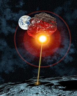 Drucke von Ein Asteroidentfernungsvorschlag: Computerart von einem Laser (auf der Mond) wird verwendet, um einen Asteroiden vom Kurs seines Einschlags mit Erde abzuwehren Bilder Datiert 2004 August: Kometabschreckung