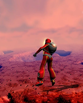 Drucke von Ein Astronaut auf Mars steht vor einem Staubsturm; Computerkunstwerk. Staubstürme ähneln kleinen Tornadoes und sind häufig in Marte vorkommend Bilder Datiert 2005 März: Marsastronaut