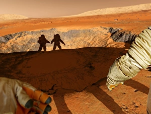 Drucke von Astronauten auf dem Mars, Kunstwerk von zwei Astronauten auf dem Mars stehend am Rand eines Kraters. Die Arme der einen und die Hand der anderen Astronautin sind sichtbar weit rechts und unten links Bilder Datiert 2005 Februar: Zwei Astronauten auf dem Mars haben Kunstwerke
