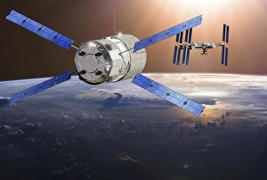 Fahrzeug für Luft- und Raumfahrt nähert sich der Internationalen Weltraumstation, Kunstwerk