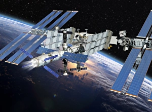 Drucke von Automatisierter Transferkraftwagen (ATV, unter links) stößt die Internationale Raumstation (ISS), Kunstwerk Johannes Kepler Drucke: ISS-Boostung durch ATV, Kunstwerk