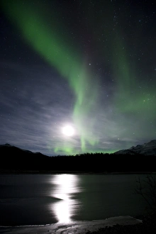 Polar Light Display Drucke: Aurora borealis and Moon
