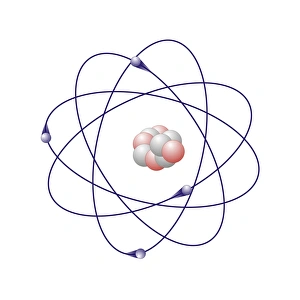 Drucke von Beryllium, Atommuster. Beryllium hat fünf Neutronen (weiß) und vier Protonen (rot) im Kern. Der Atom auch vier Elektronen (blau), die sich um den Kern drehen Bilder Datiert 2010 November: Beryllium, Atommuster