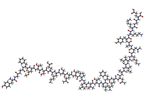 Drucke von Betarezeptorhormon, molekularer Modell. Dieses Neurotransmitter verursacht Unempfindlichkeit gegenüber Schmerz und ein Gefühl von Wohlbefinden Bilder Datiert 2011 April: Molekül des Betabehrphins