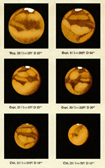 Drucke von Bayers Beobachtungen des Mars: Sechs datierte und beschriftete Beobachtungen von Mars gemacht während der Opposition 1924 durch M. Beyer vom Hamburg Bergedorf-Observatorium in Deutschland Bilder Datiert 2010 Mai: Beiers Beobachtungen von Mars